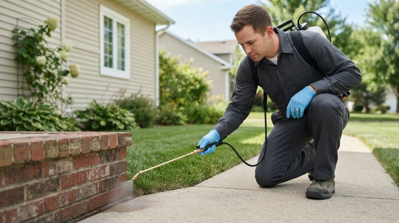 Pest control technician treating a home near Murdock, IL