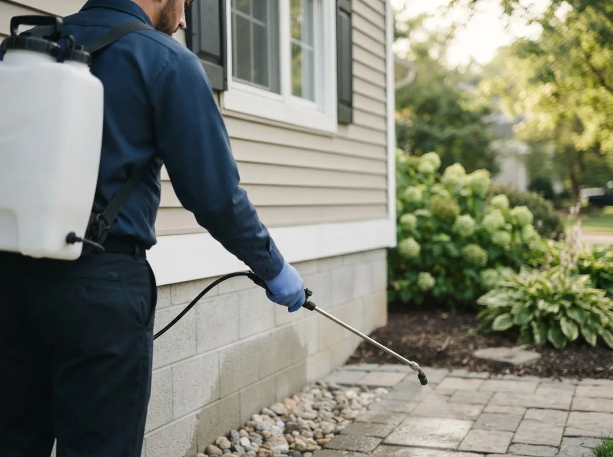 Pest control technician inspecting a home in Murdock, IL